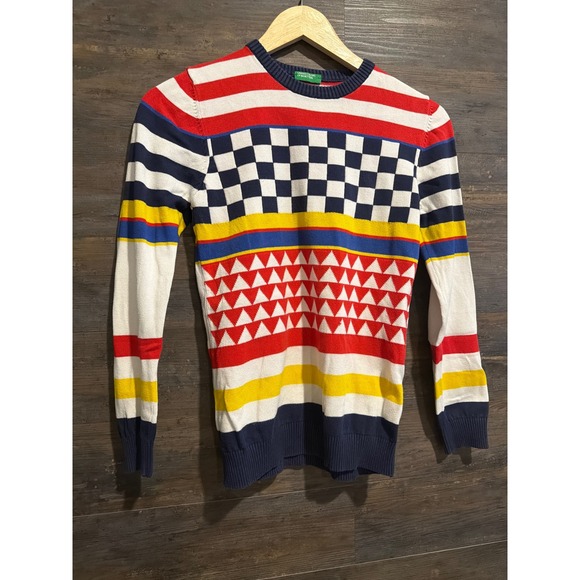United Colors Of Benetton Sweaters - United Colors of Benetton Womens Striped Checkerboard Cotton Sweater Multi EL